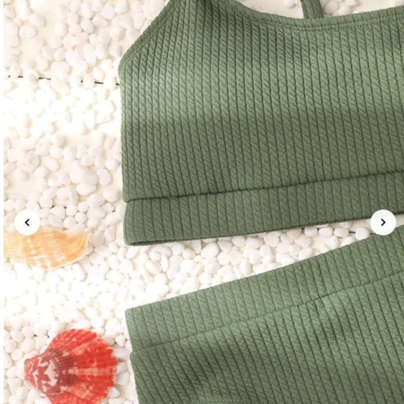 Green Ribbed High Waist Bikini Swimsuit Bathing Suit - Picture 6 of 8